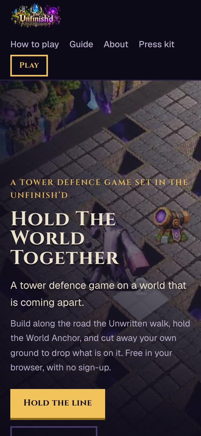 The Hold The World Together home page on a phone: the logo, the navigation, the stone board behind the title, a description and the Hold the line button.