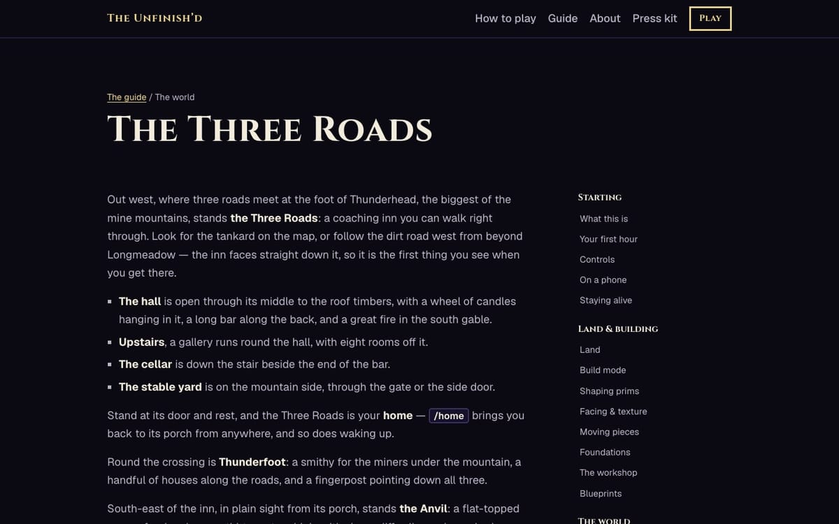 A guide page about the Three Roads: the page title, a short description of the inn and its roads, and the list of all guide topics down the right.