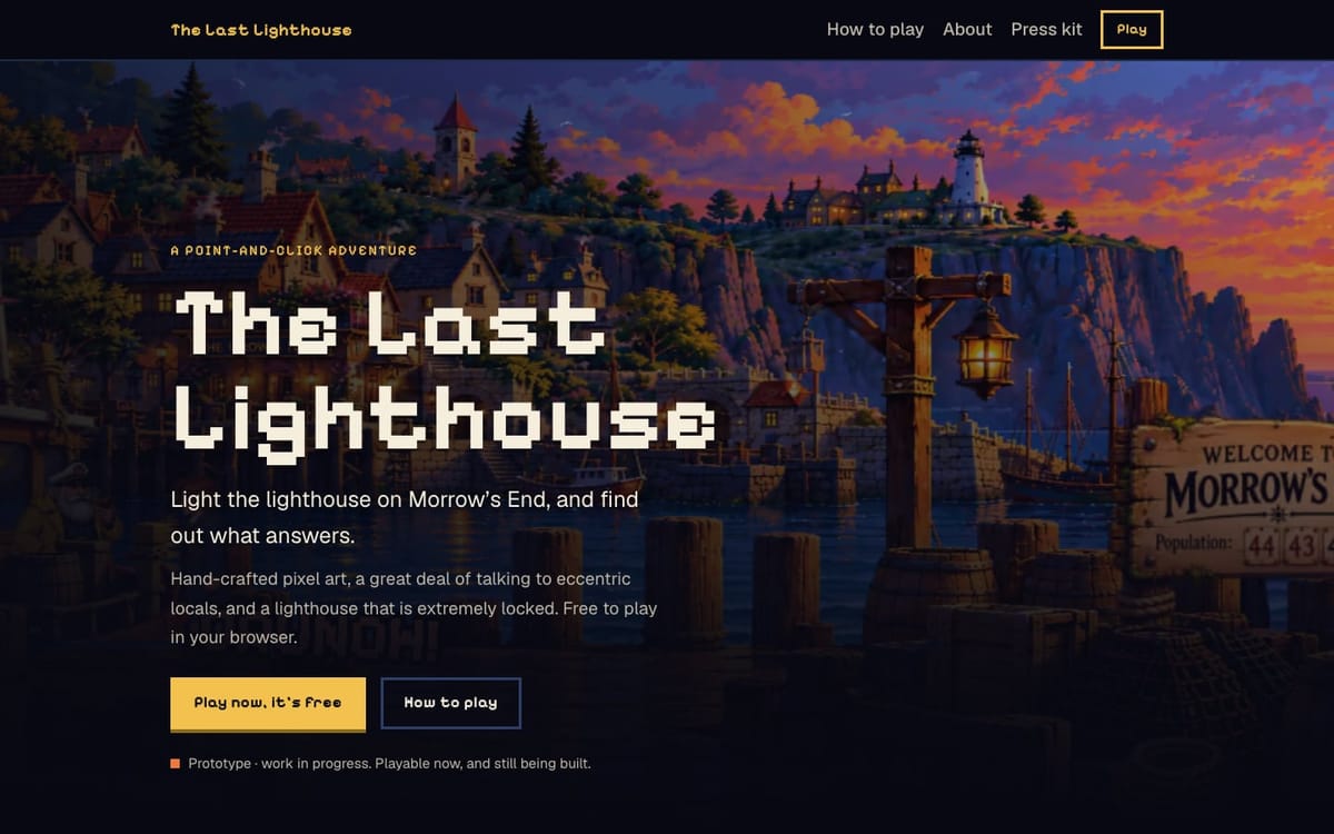 The Last Lighthouse home page on a desktop screen: pixel-art key art of a harbour village and a lighthouse at sunset, with the title, a short description and two buttons, Play now and How to play.