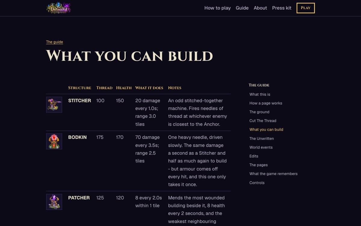 A guide page listing every structure in the game as a table with a small sprite, its cost, health and what it does, with the topic list on the right.