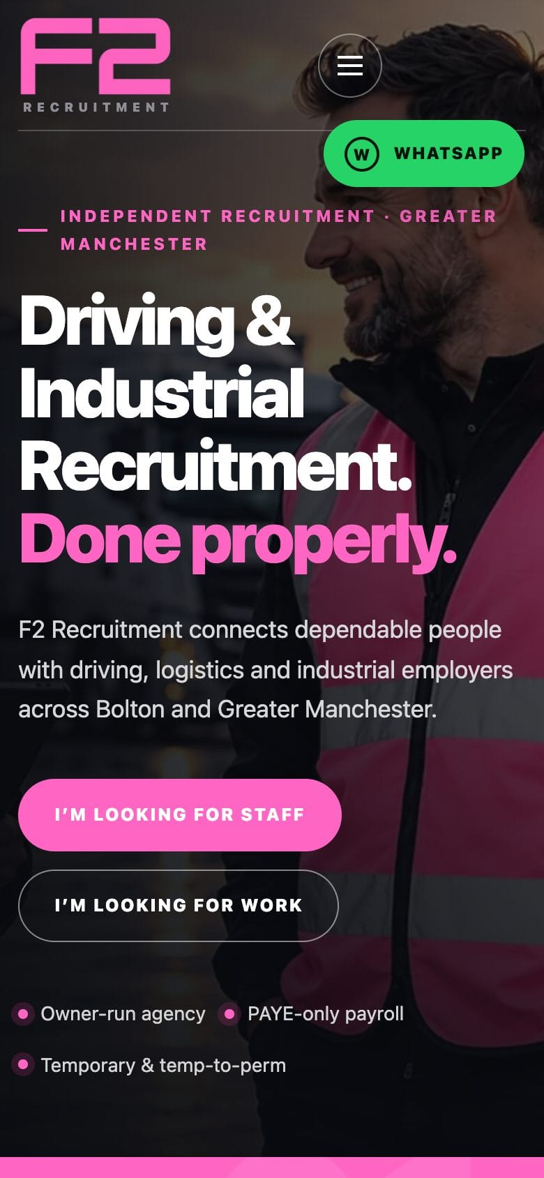 The F2 Recruitment home page on a phone: the F2 logo and a menu button, the headline stacked over four lines, a floating WhatsApp button and two buttons.