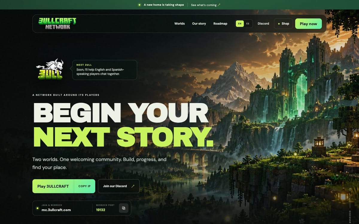 The 3ULLCRAFT home page on a desktop screen: a dark, painted Minecraft landscape of green-lit ruins and waterfalls at sunset behind the headline Begin your next story, with a Play 3ULLCRAFT button, a Join our Discord button and the server address.
