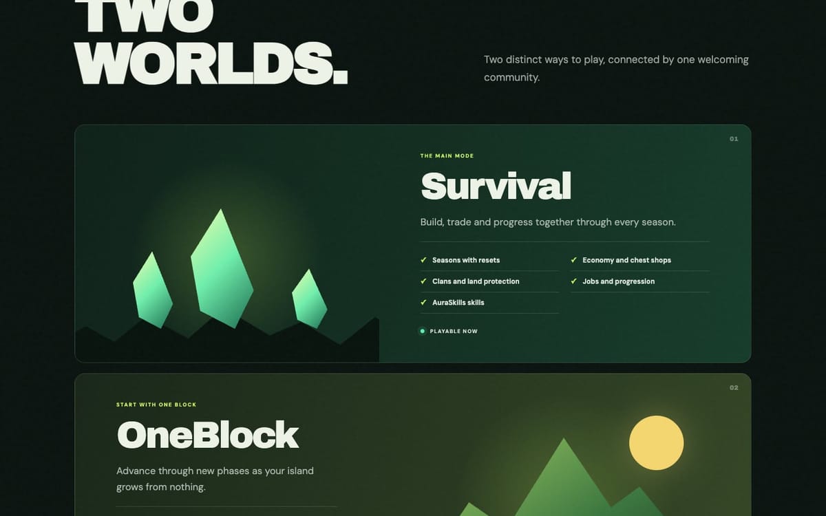 The two game modes on the 3ULLCRAFT home page: a large Survival card listing seasons with resets, economy and chest shops, clans and land protection, jobs and progression and AuraSkills, with a Playable now label, and the OneBlock card starting below it.