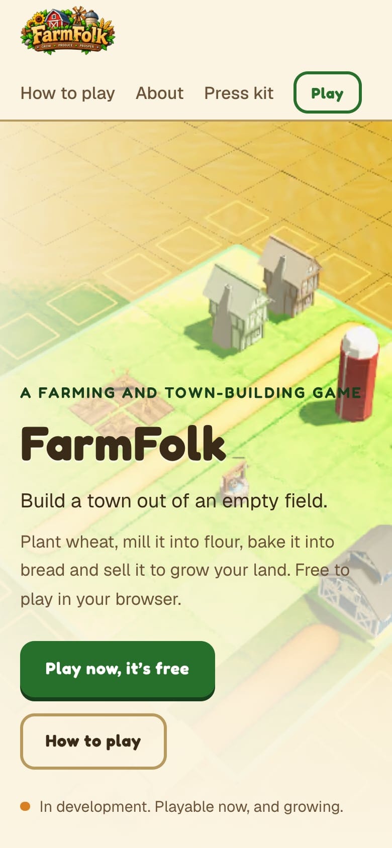 The FarmFolk home page on a phone: the farm screenshot, the title and description in dark brown on cream, and a green Play now button.