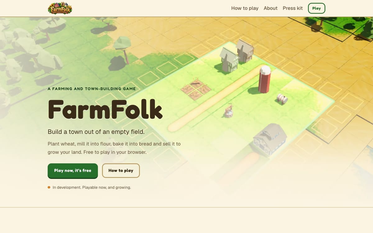 The FarmFolk home page on a desktop screen: a bright screenshot of a small farm with a barn, a silo and a wheat field behind the title, a short description and two buttons, Play now and How to play, on a cream background.