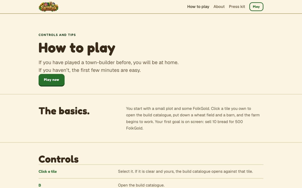 The FarmFolk How to play page: the build loop of grow, store, process, sell and expand, followed by the controls.