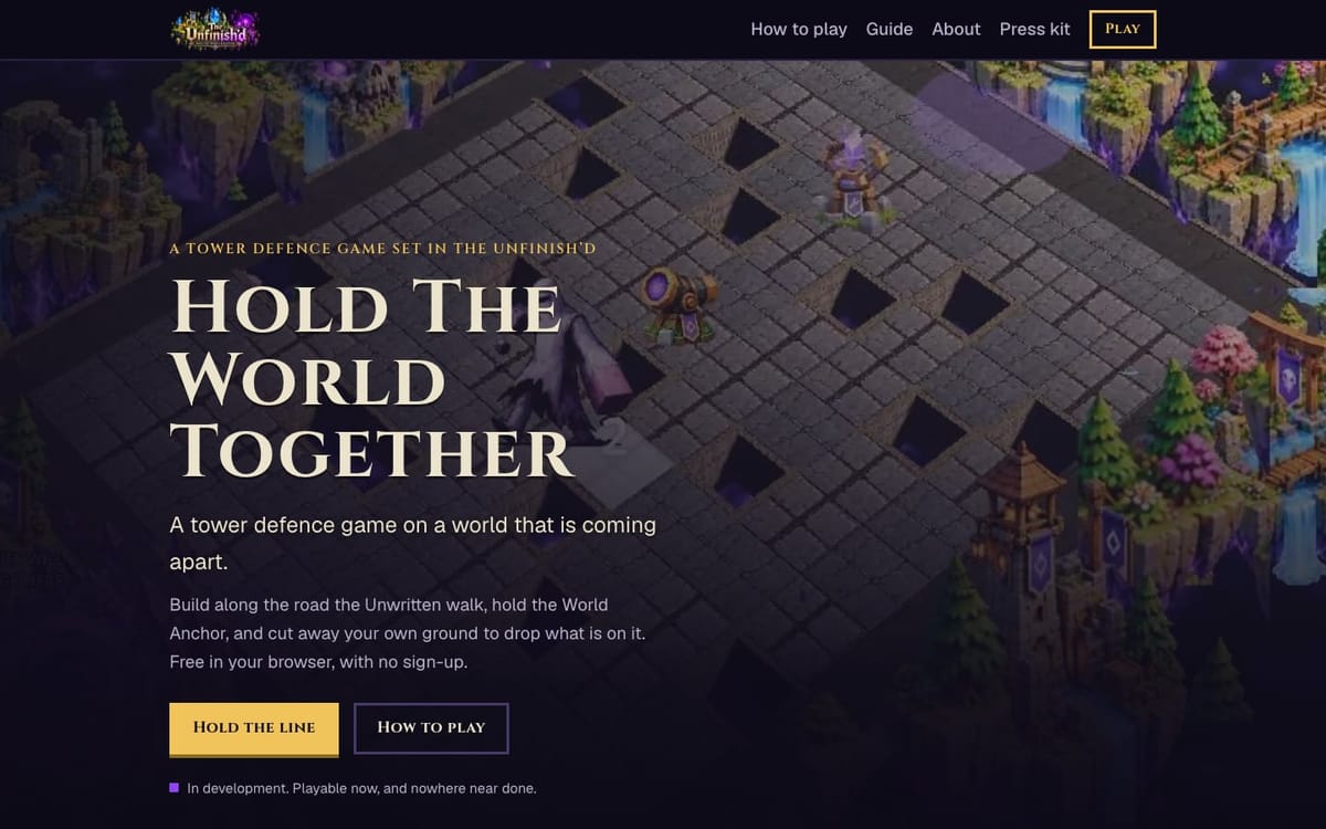 The Hold The World Together home page on a desktop screen: a tower defence board of cracked stone with holes of void behind the title in gold serif capitals, a short description and a Hold the line button.