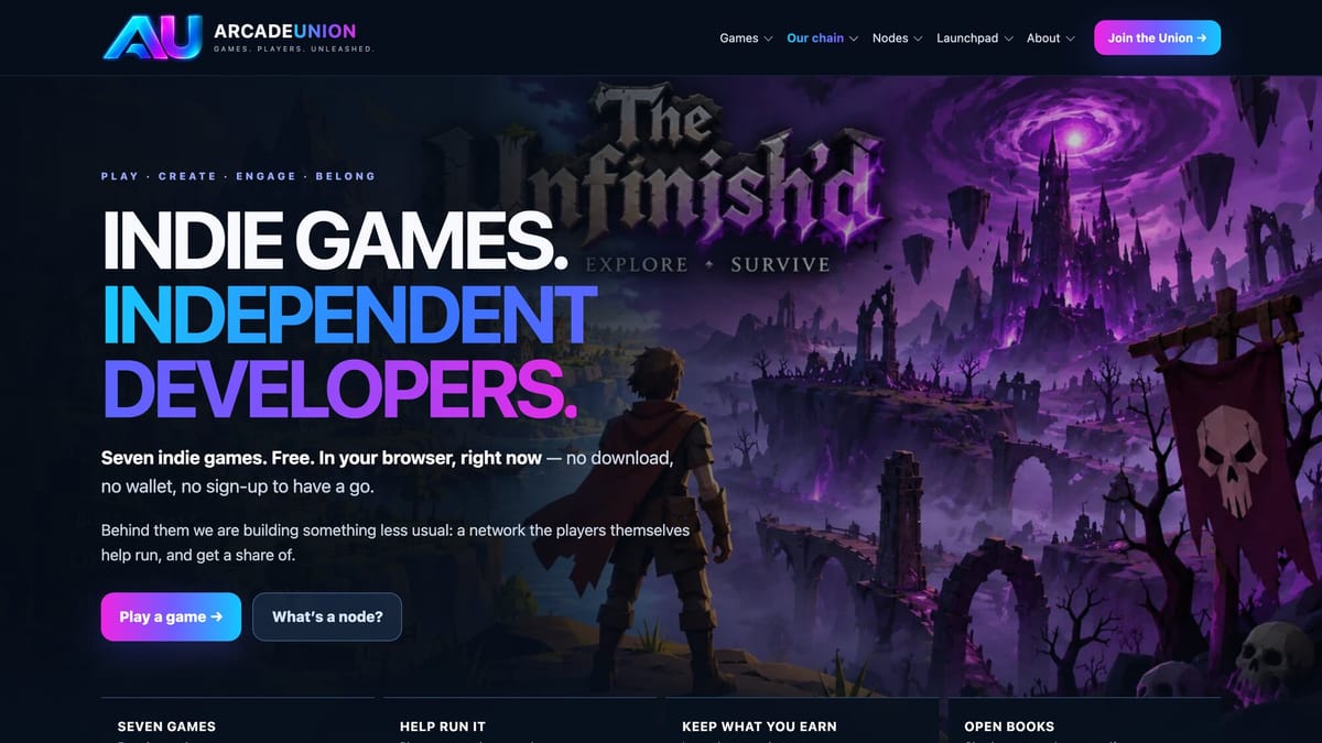 The Arcade Union home page on a desktop screen: a dark navy page with the AU logo, the headline “Indie games. Independent developers.” in large white and gradient type, two buttons, and key art from The Unfinish'd behind it.