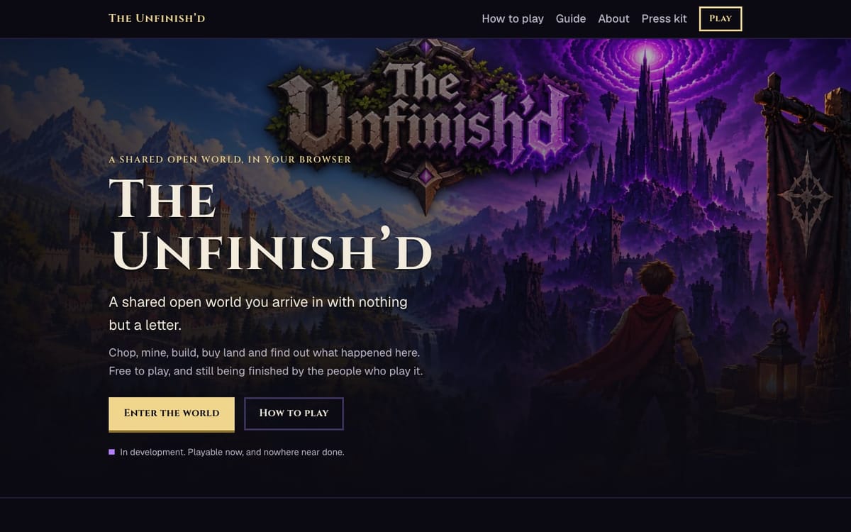 The Unfinish'd home page on a desktop screen: dark key art of a castle town beside a purple storm, with the title in gold serif capitals, a short description and an Enter the world button.