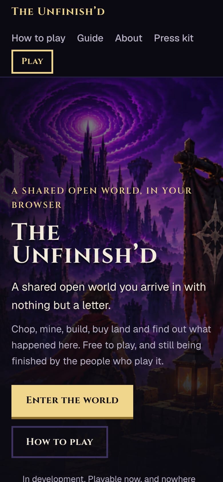 The Unfinish'd home page on a phone: the key art cropped to the adventurer and the dark tower, with the title, a description and the Enter the world button.