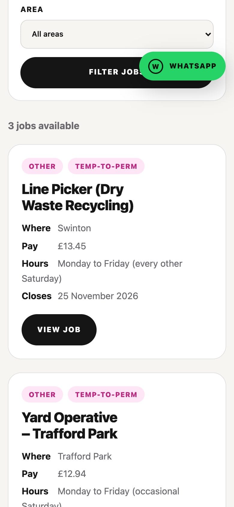 The F2 Recruitment Jobs page on a phone: the area filter and a Filter jobs button, then job cards stacked one above the other.