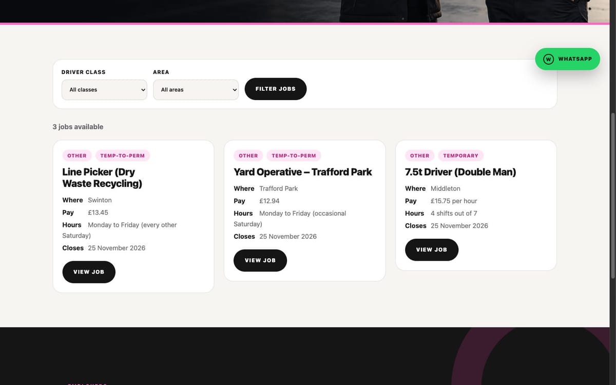 The F2 Recruitment Jobs page: a filter bar for driver class and area above three job cards, each with its location, pay, hours and closing date and a View job button.