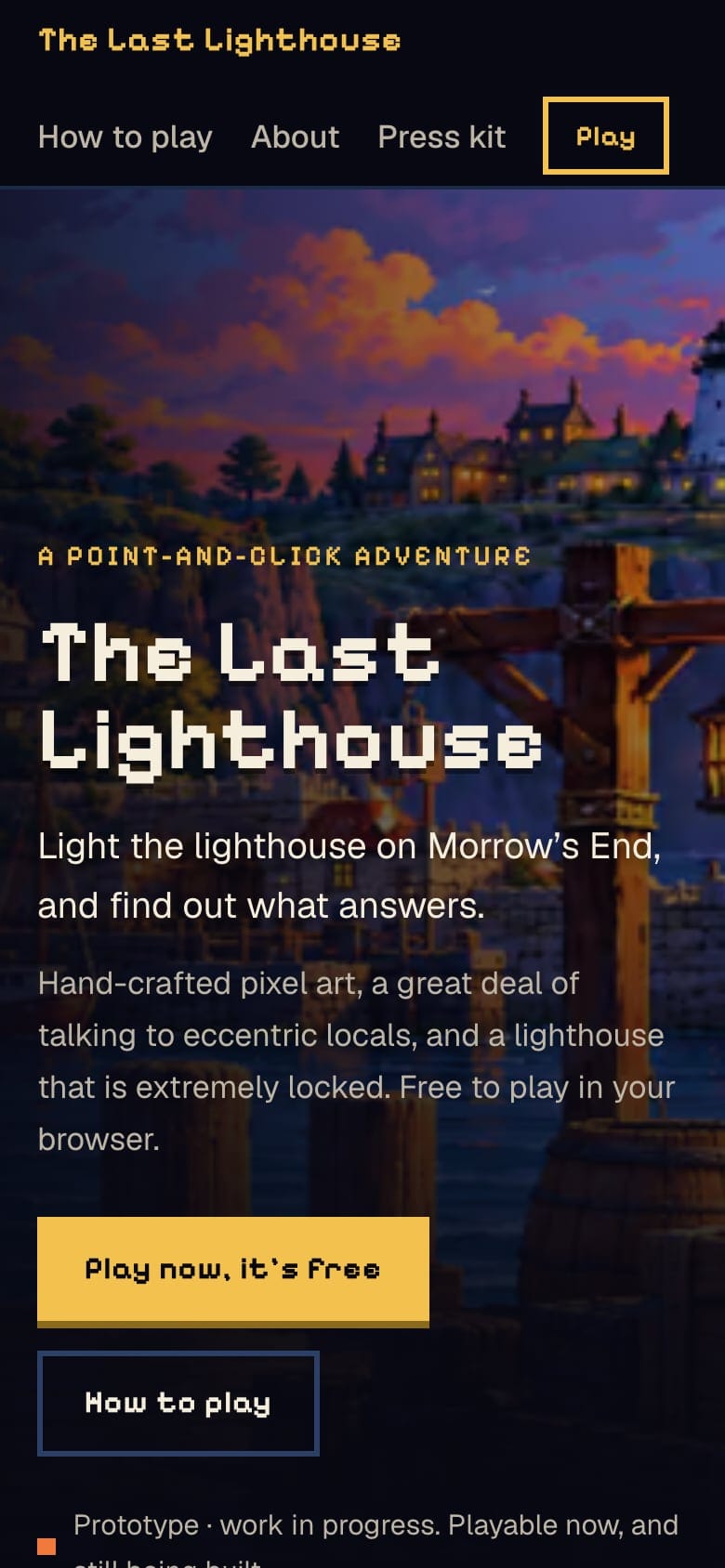 The Last Lighthouse home page on a phone: the pixel-art harbour scene behind the title, a one-line description and the Play now button.