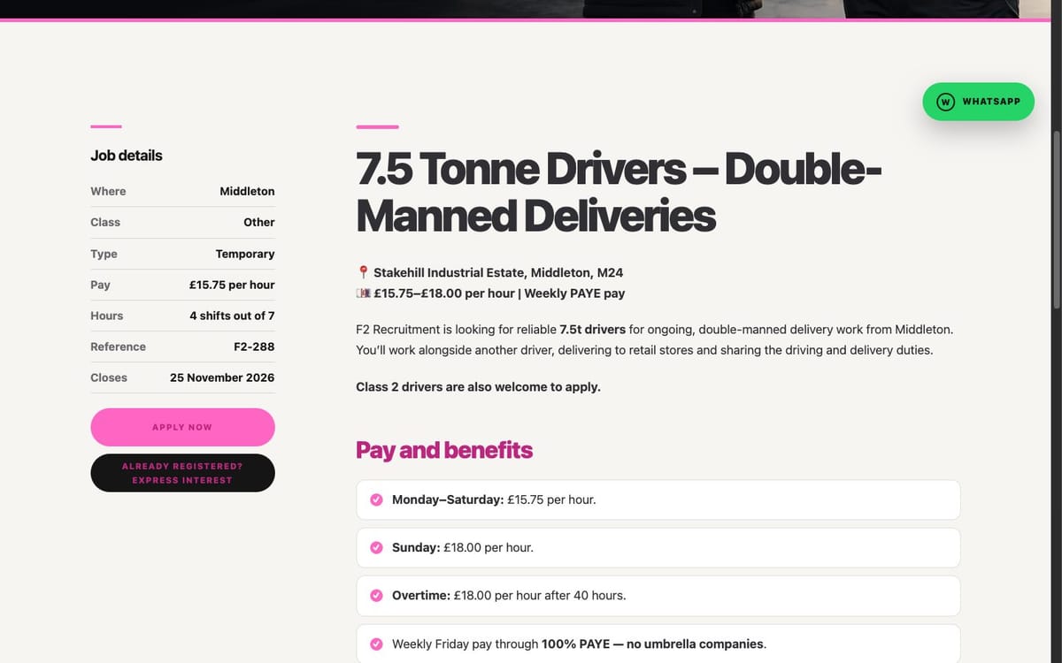 A single F2 Recruitment job page: a job details panel with location, class, pay, hours and reference, an Apply now button and an Already registered? Express interest button, beside the full job description.