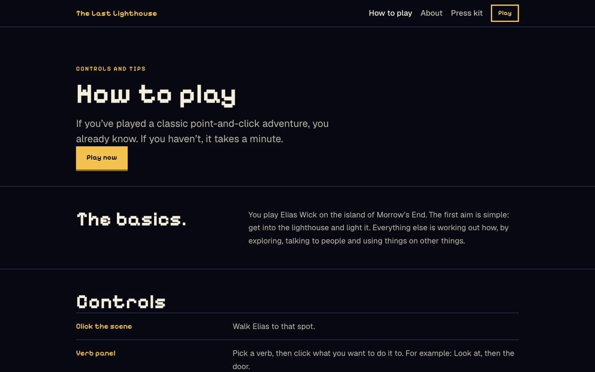 The How to play page: a plain list of the game's controls, with the verb panel, inventory and saving explained in short sections.