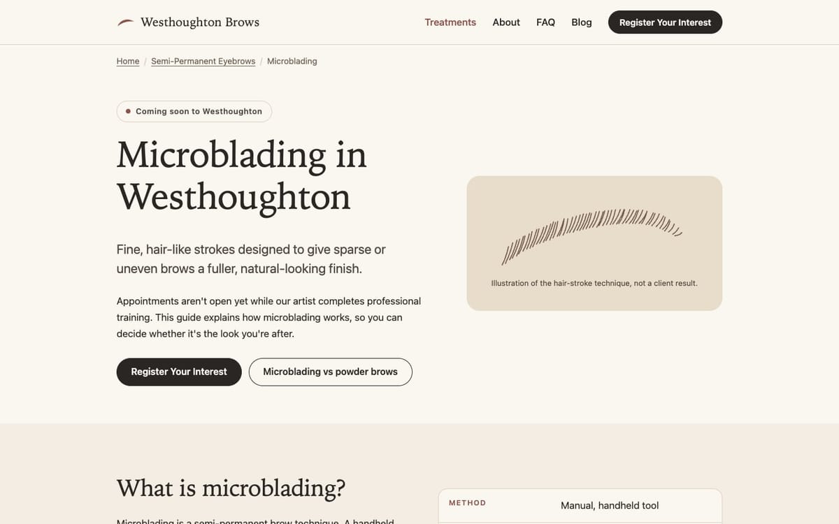 The Microblading Westhoughton page: the page title, a short plain-English introduction and the first section on how the treatment works.