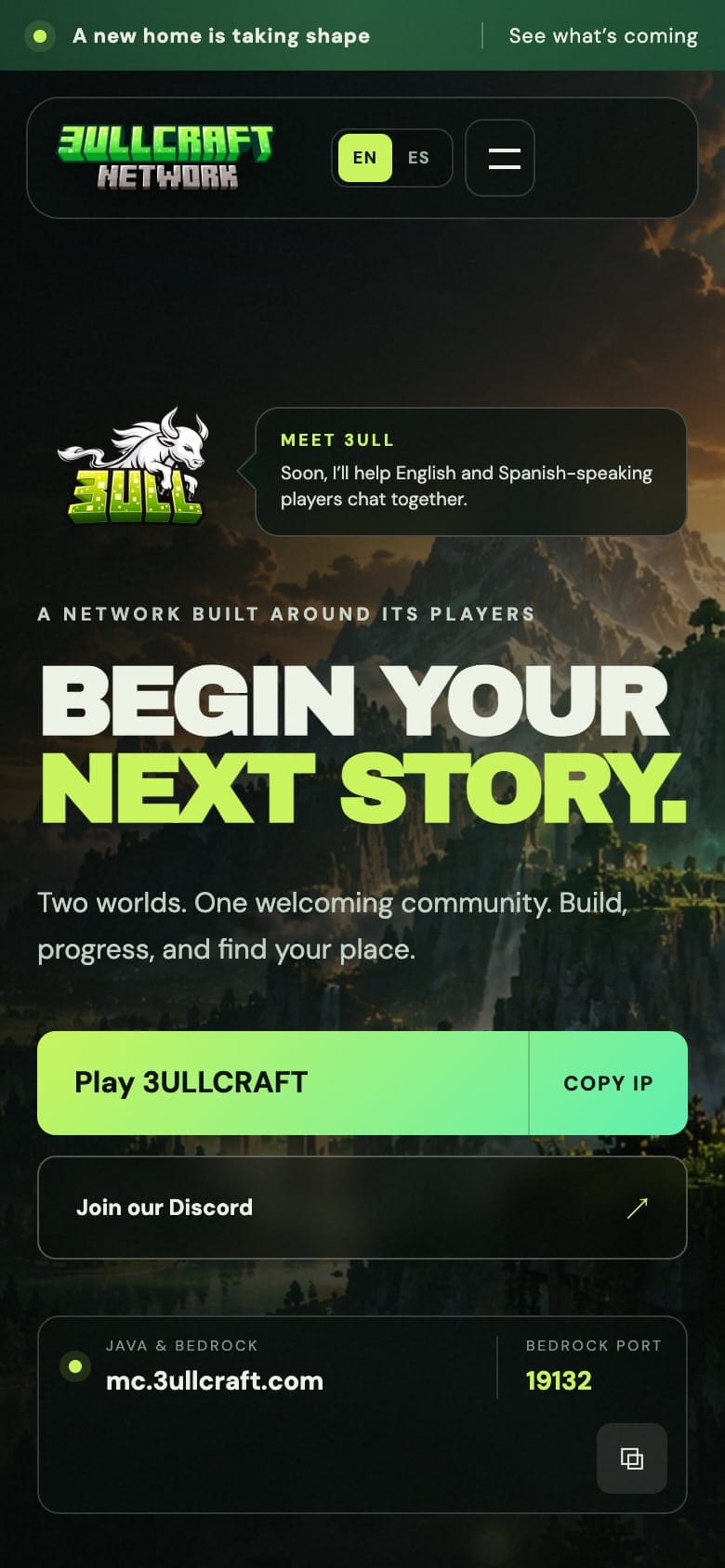 The 3ULLCRAFT home page on a phone: the announcement bar, the logo and Play now button, the Meet 3ULL message and the start of the headline.