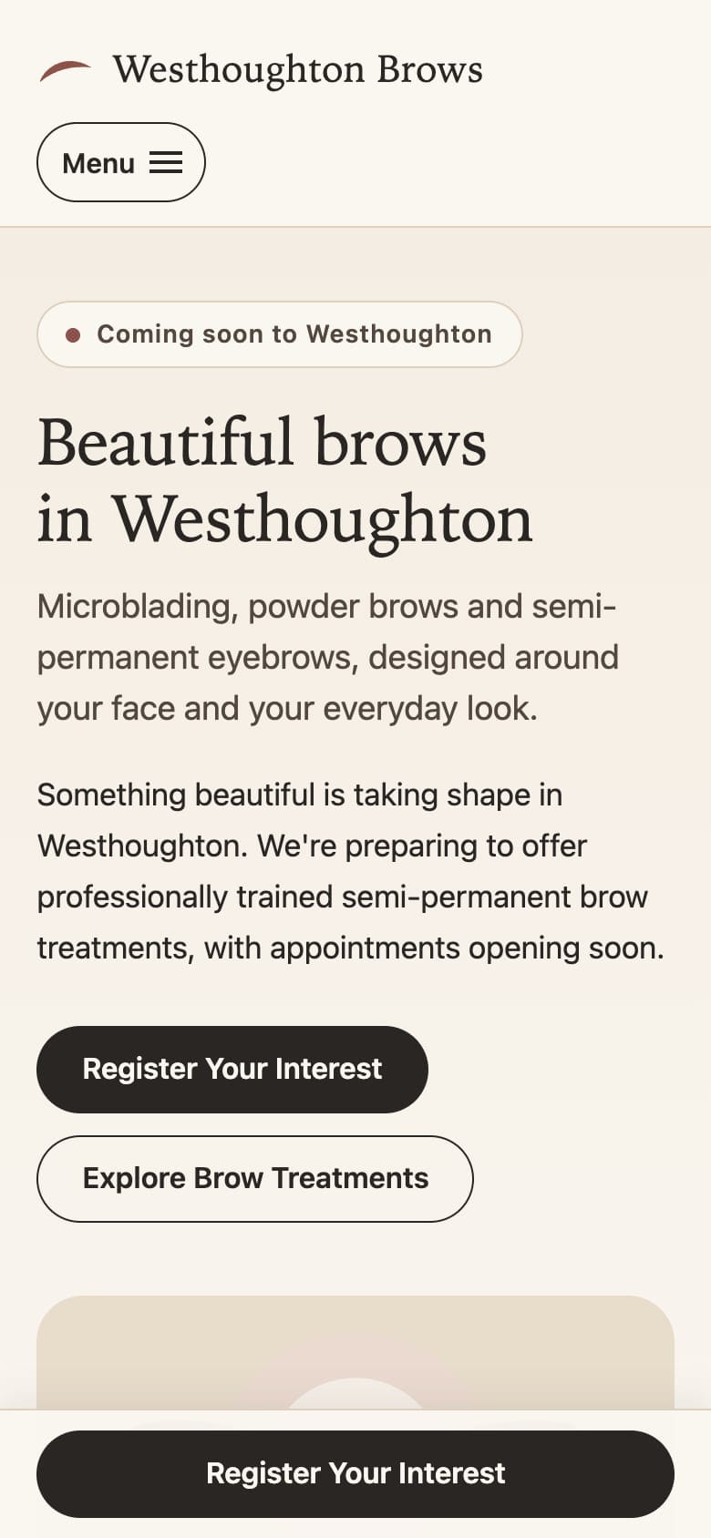 The Westhoughton Brows home page on a phone: the logo and a Menu button, the same headline and description stacked, and a Register Your Interest button.